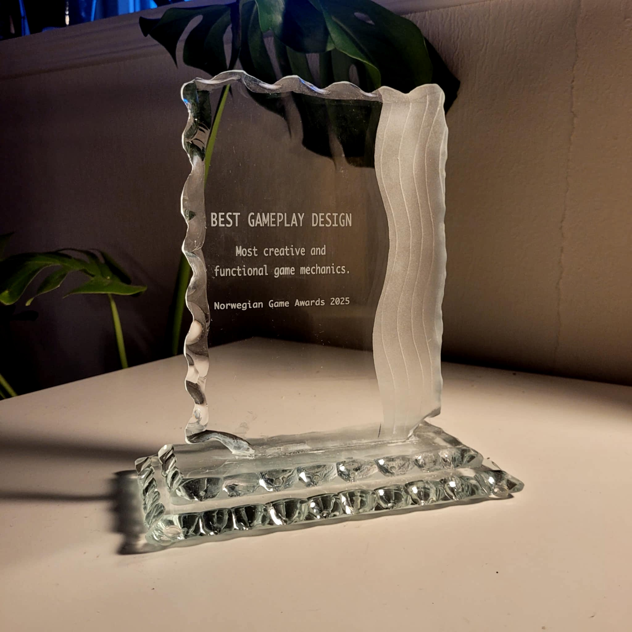 Trophy from (NGA) Norwegian Game Awards 2025 for Best Game Design given to the game (DWAS) Detective With a Sword by Serious Headache & eikpix